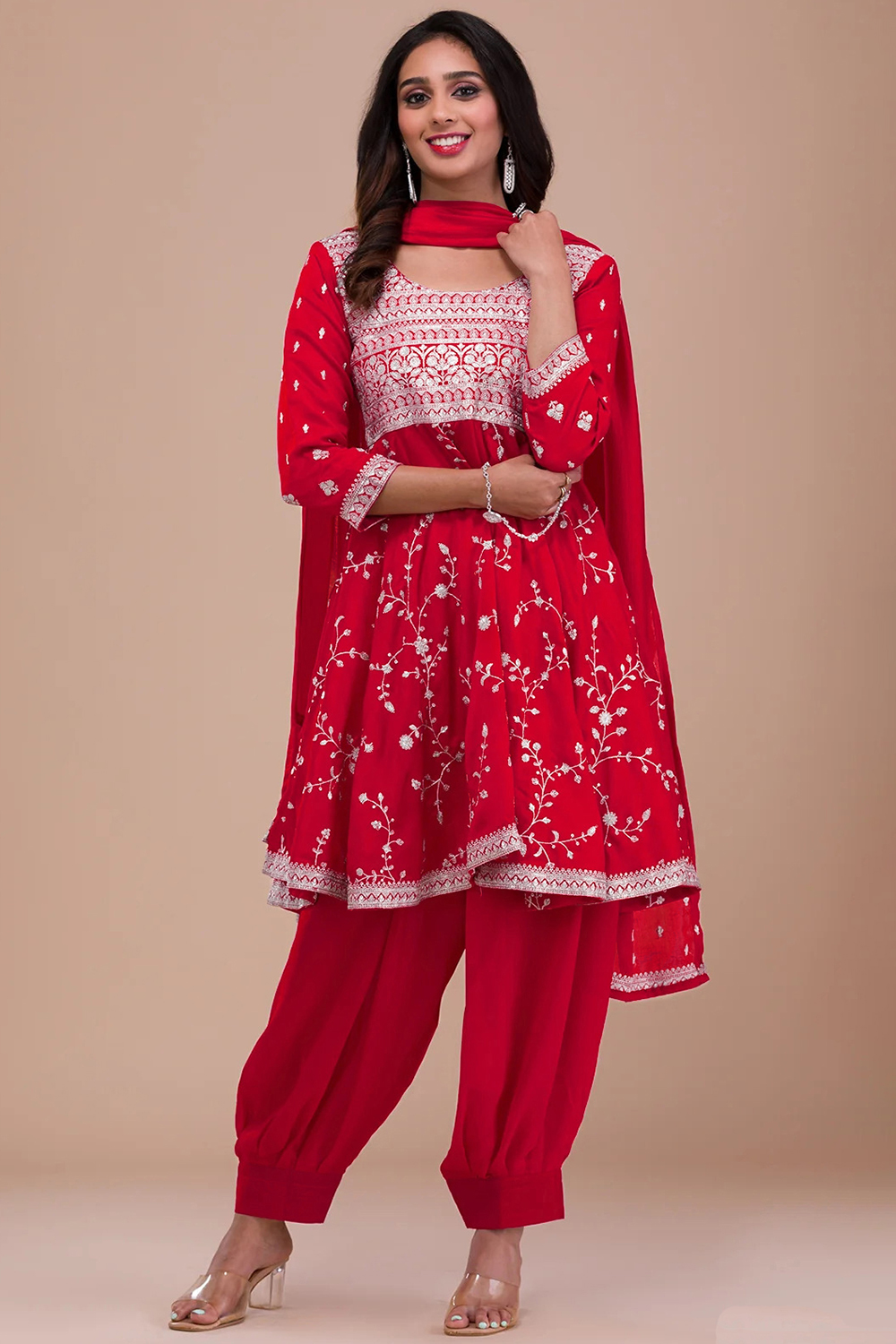 Silk Embroidered Cherry Red Frock Style Suit With Salwar LSTV130840