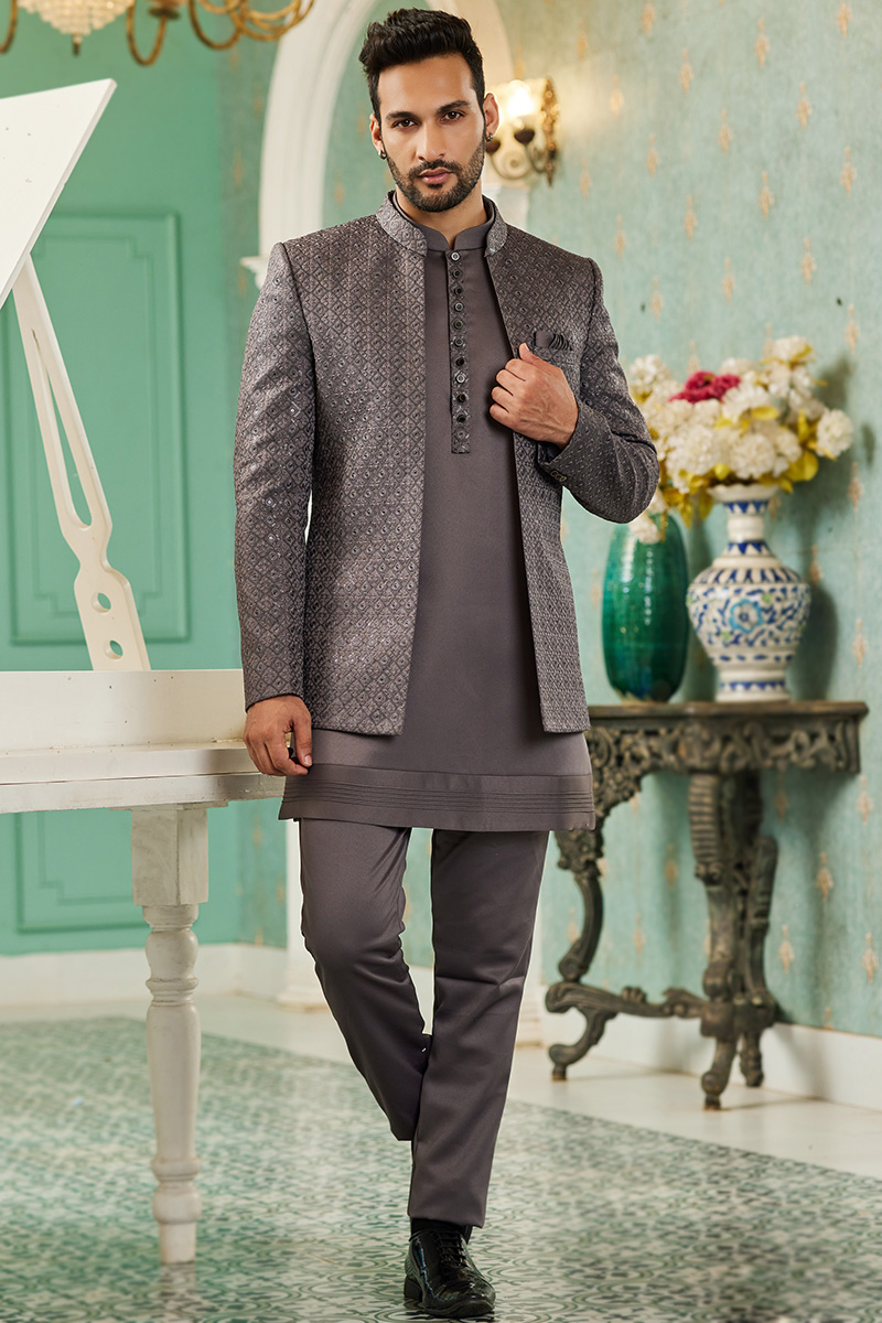 Silk Embroidered Dark Grey Jacket Style Men s Sherwani MSTV03543