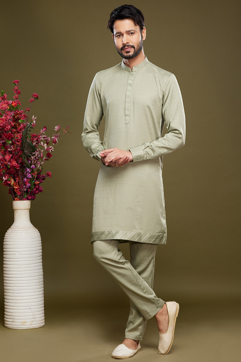 Silk Embroidered Greenish Grey Straight Cut Men's Kurta Pajama