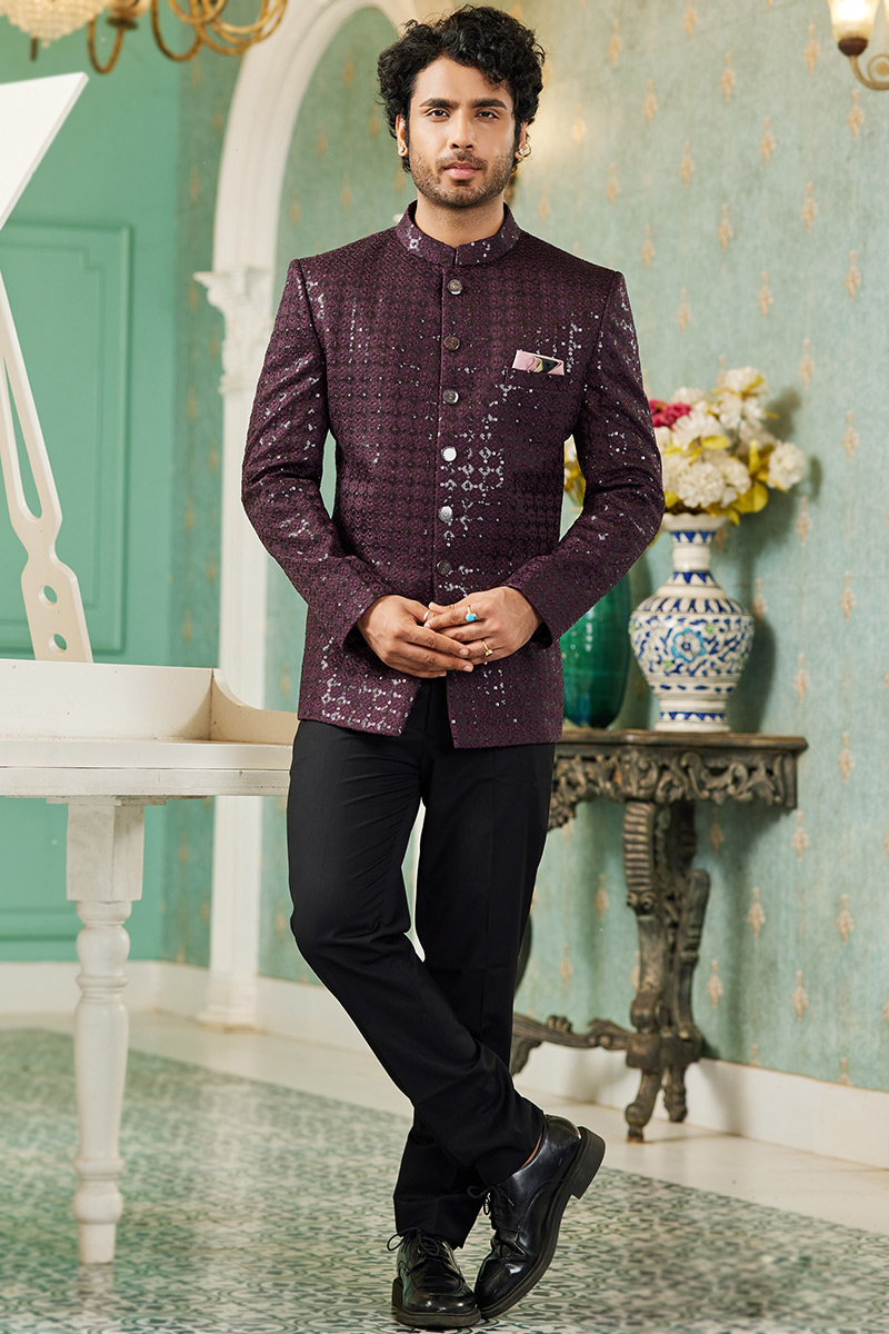 Wine Color Purple Colour Coat Pant With Turban Party Wear Jodhpuri