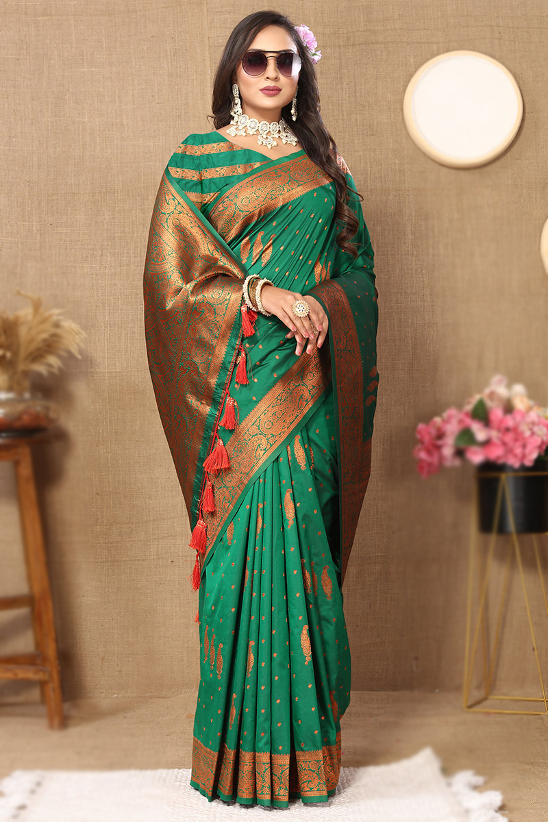 Silk Emerald Green Broad Border Woven Zari Saree SARV174670