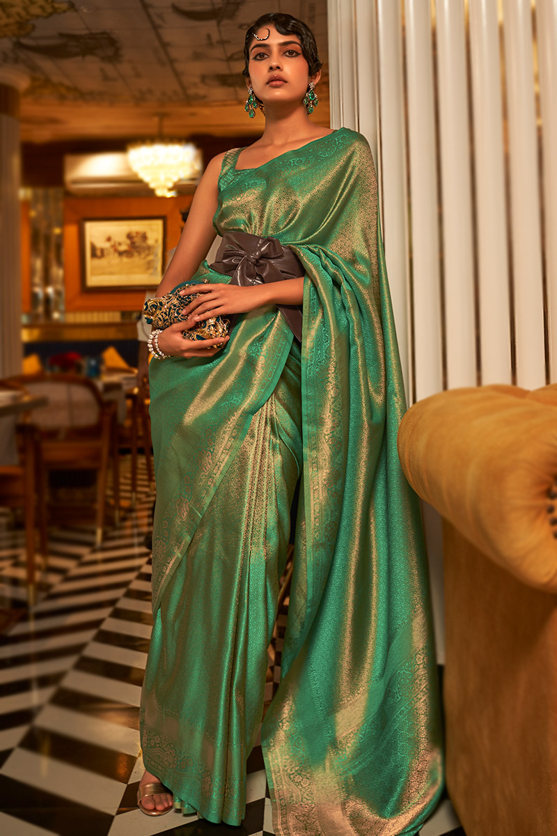 Silk Emerald Green Zari Weaved Kanchipuram Saree|SARV172721