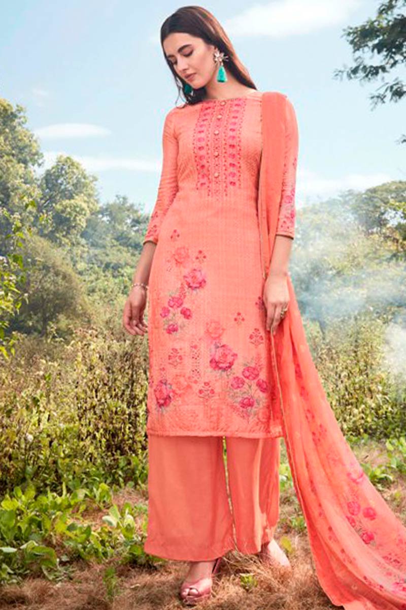 Muslin Floral Print Trouser Pant Suit In Coral Peach Color