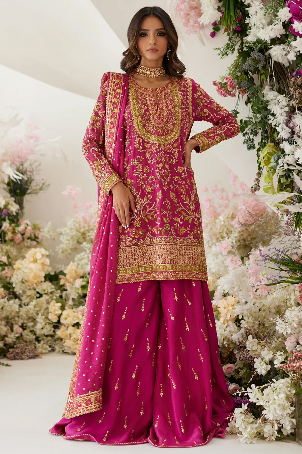 Silk Hot Pink Embroidered Straight Cut Palazzo Suit LSTV133741