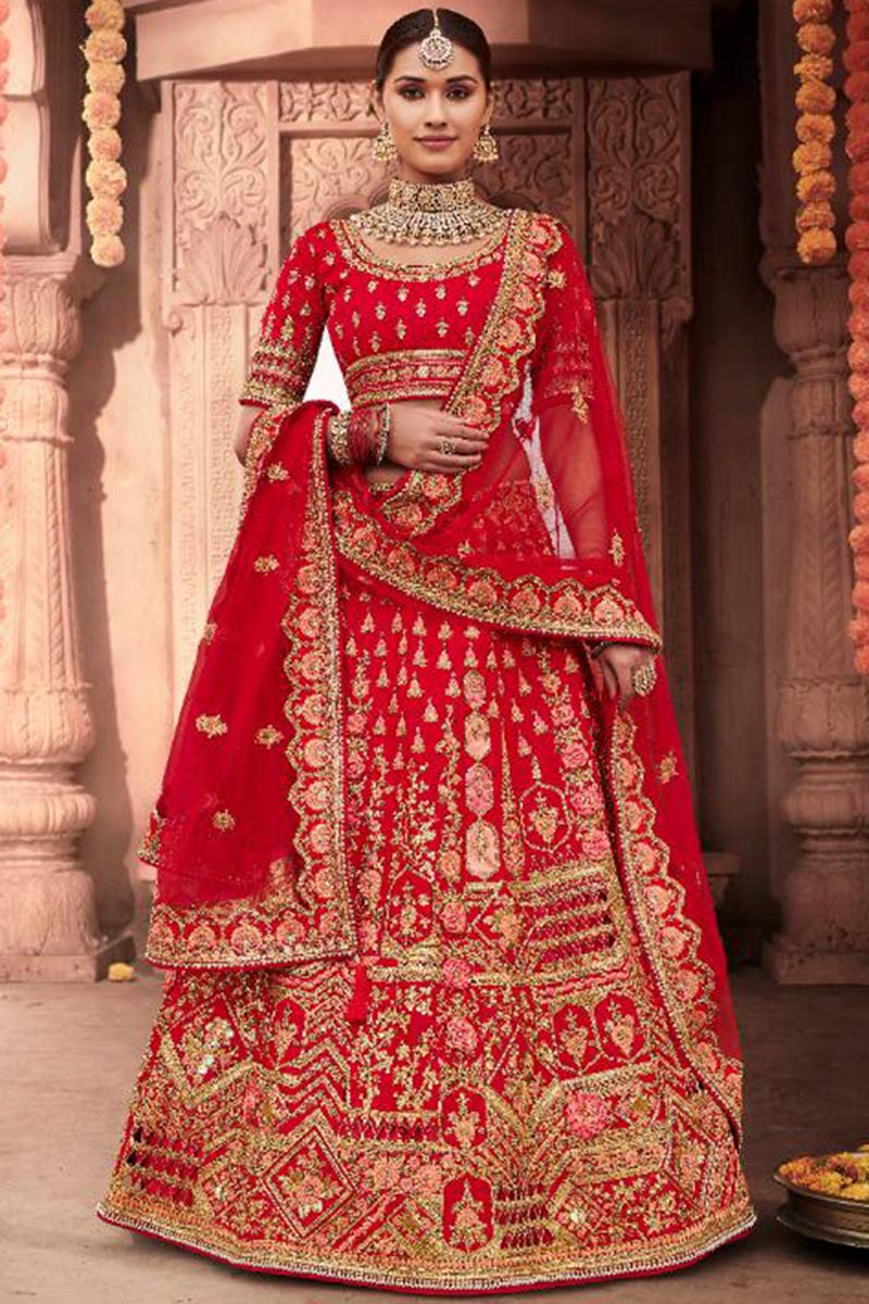 silk indian wedding wear lehenga choli in red color llcv01938
