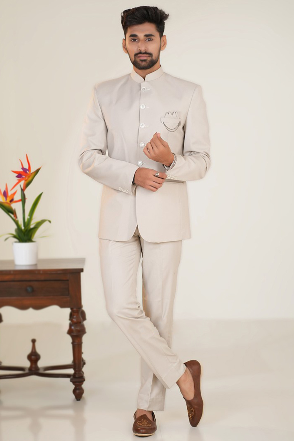 Silk Light Beige Plain Jodhpuri Style Men's Coat Pant MSTV04004