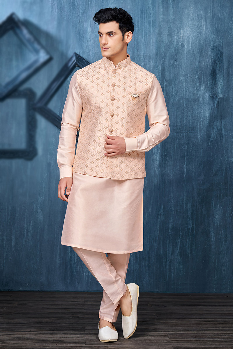 Silk Light Peach Jacket Style Men s Kurta Pajama MKPA06328