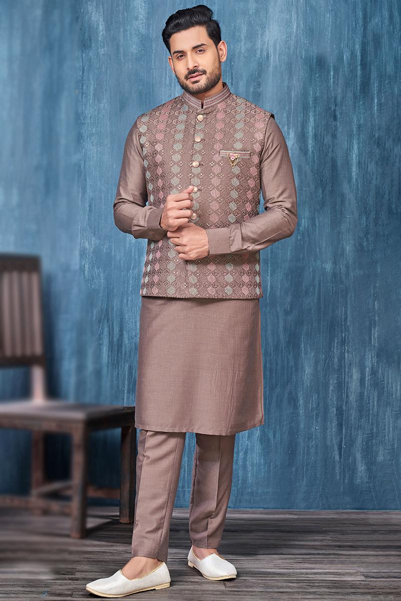 Silk Mauve Brown Jacket Style Men's Kurta Pajama MKPA06326