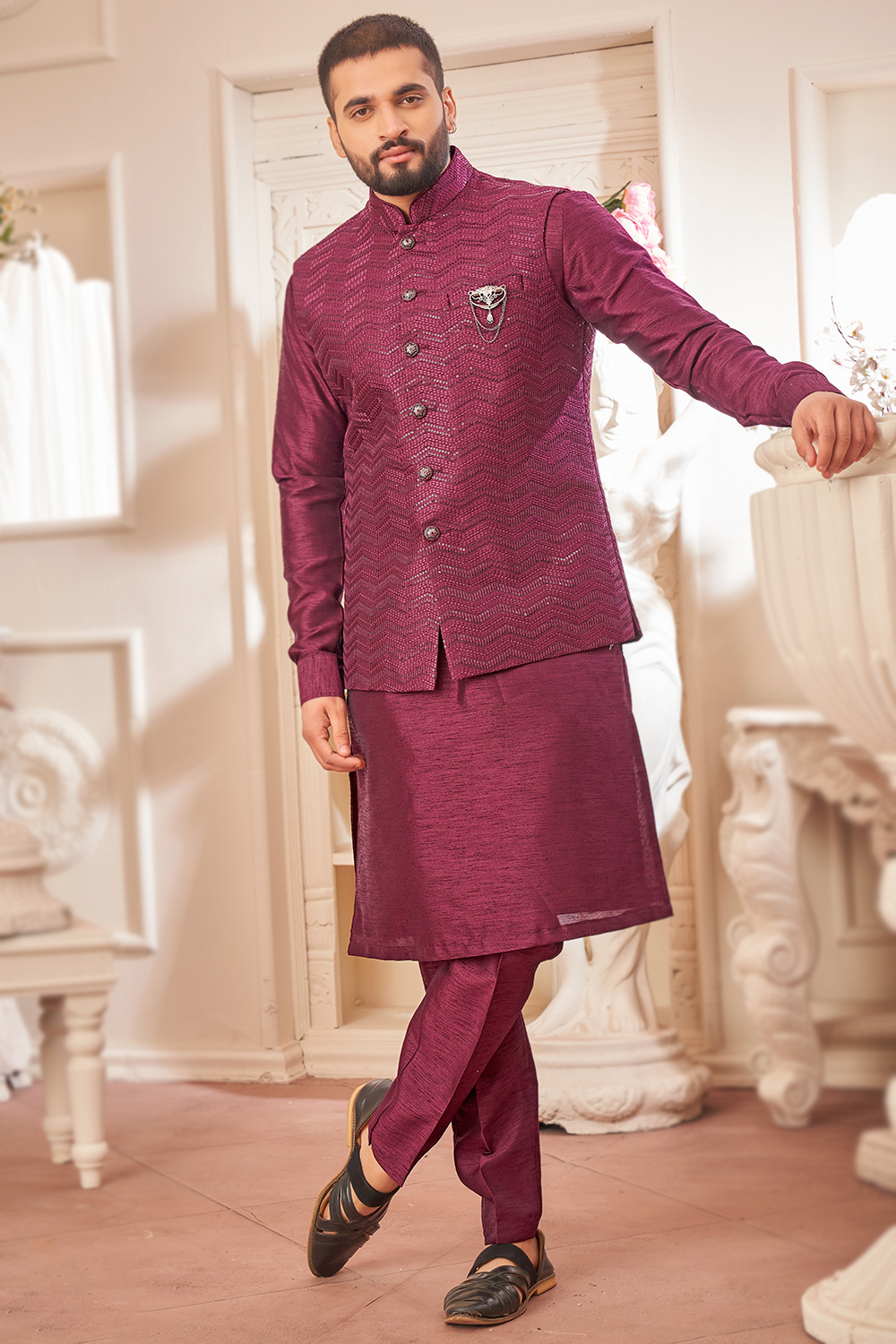 Silk Men s Burgundy Maroon Kurta Pajama With Embroidered Jacket MKPA08029