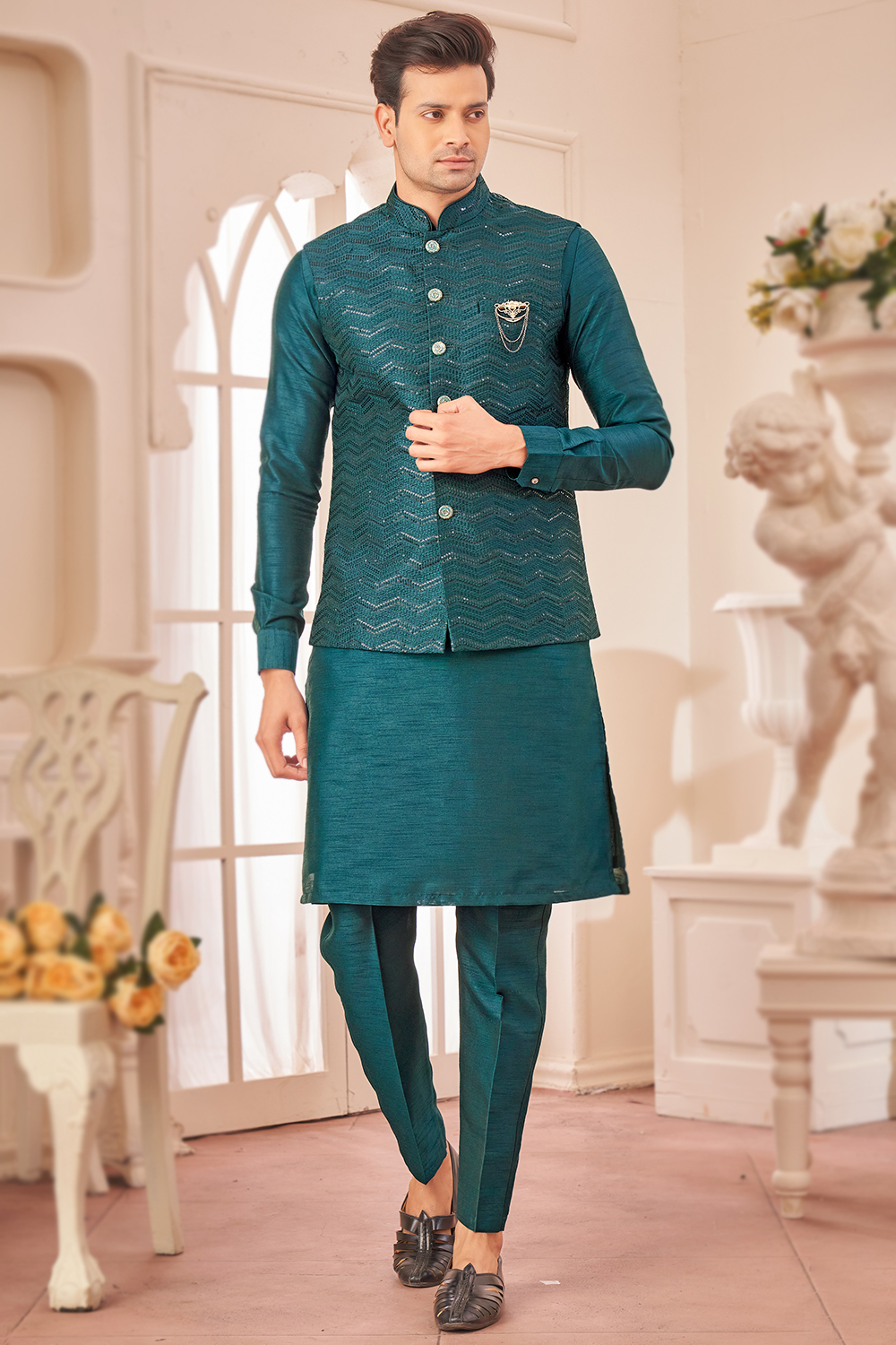 Men Kurta Footwear With Blue Kurta Pajama Silk Men's Teal Blue