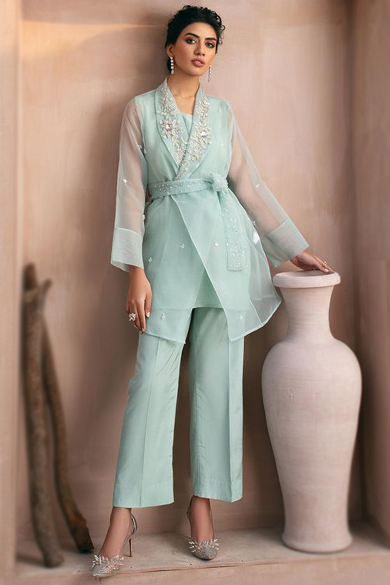 Pant suit with long jacket best sale