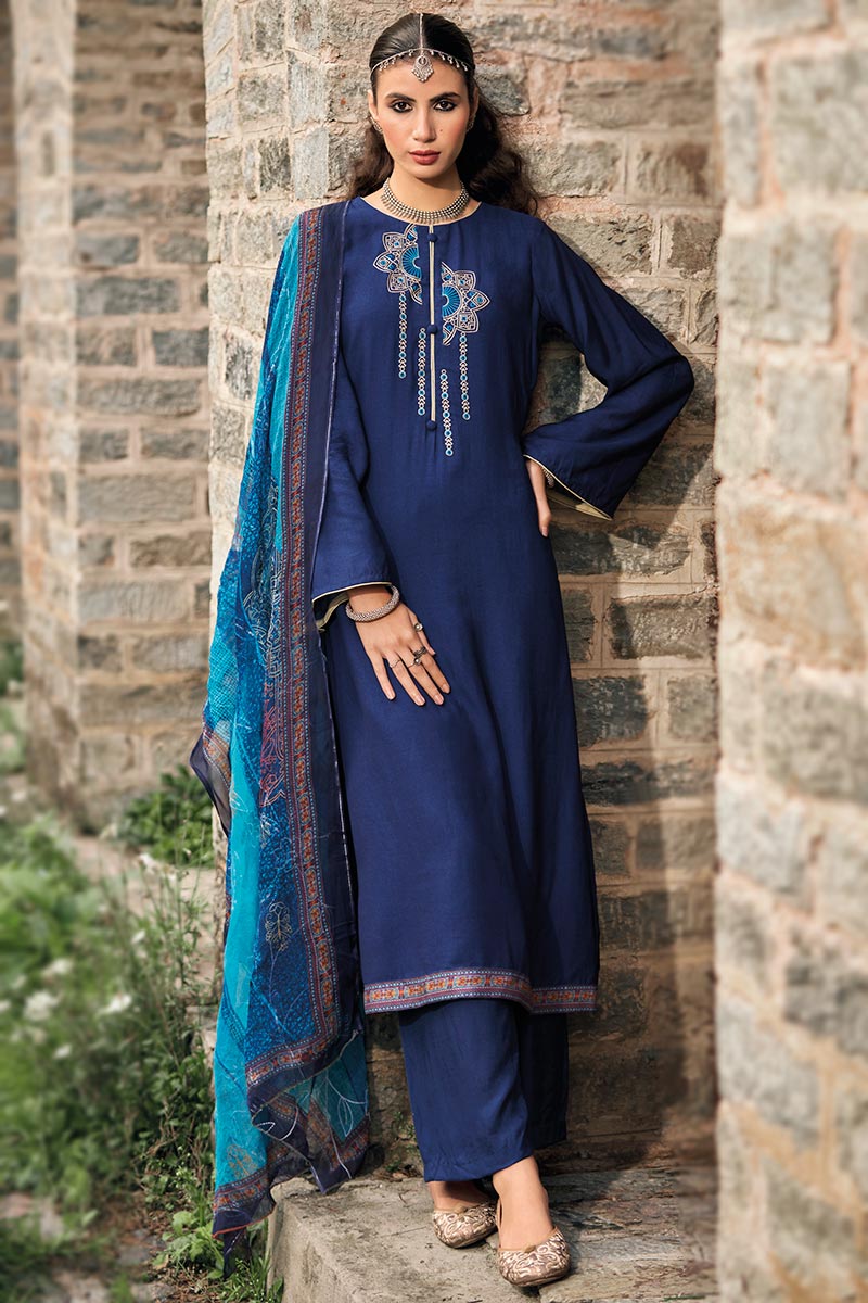 Buy Festival Plus Size Dress Silk Navy Blue Straight Pant Suit LSTV118962