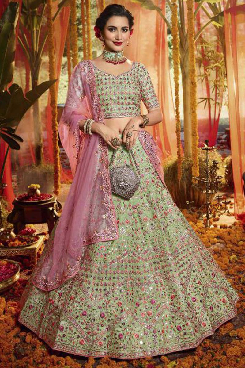 Silk Organza Party Wear Lehenga Choli In Pastel Green Color