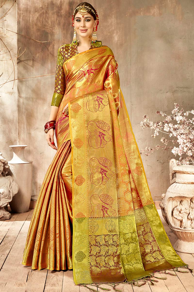 Buy Silk Party Wear Saree In Gold Color Online SARV07887 Andaaz Fashion