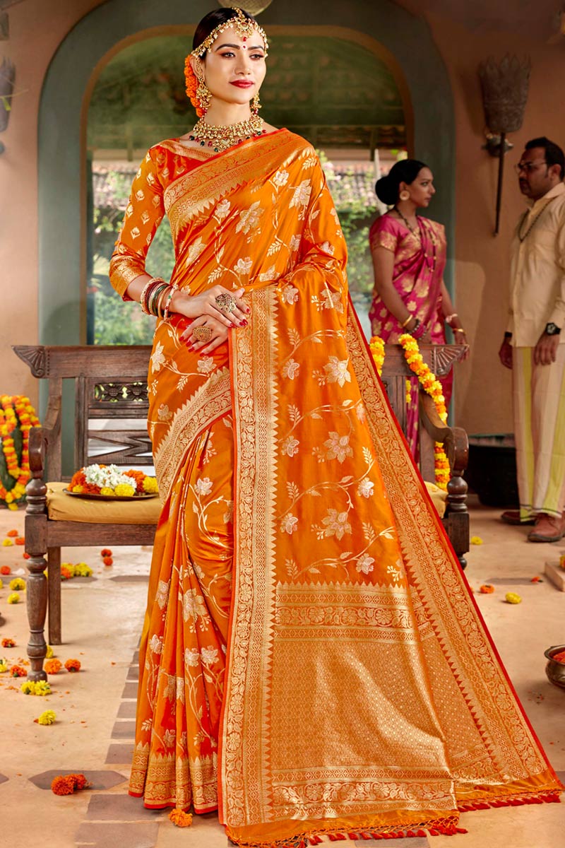 Orange colour party wear saree clearance