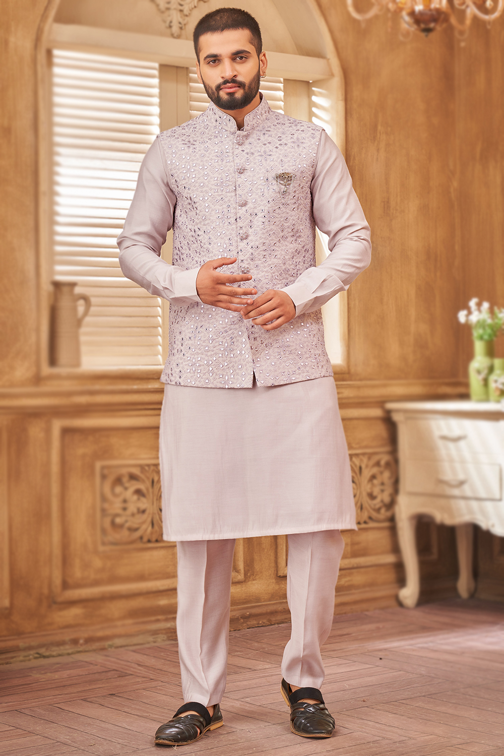 Silk Plain Men's Pastel Pink Kurta Pajama With Embroidered Jacket