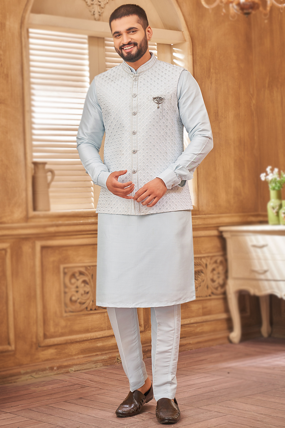Silk Plain Men's Powder Blue Kurta Pajama With Embroidered Jacket