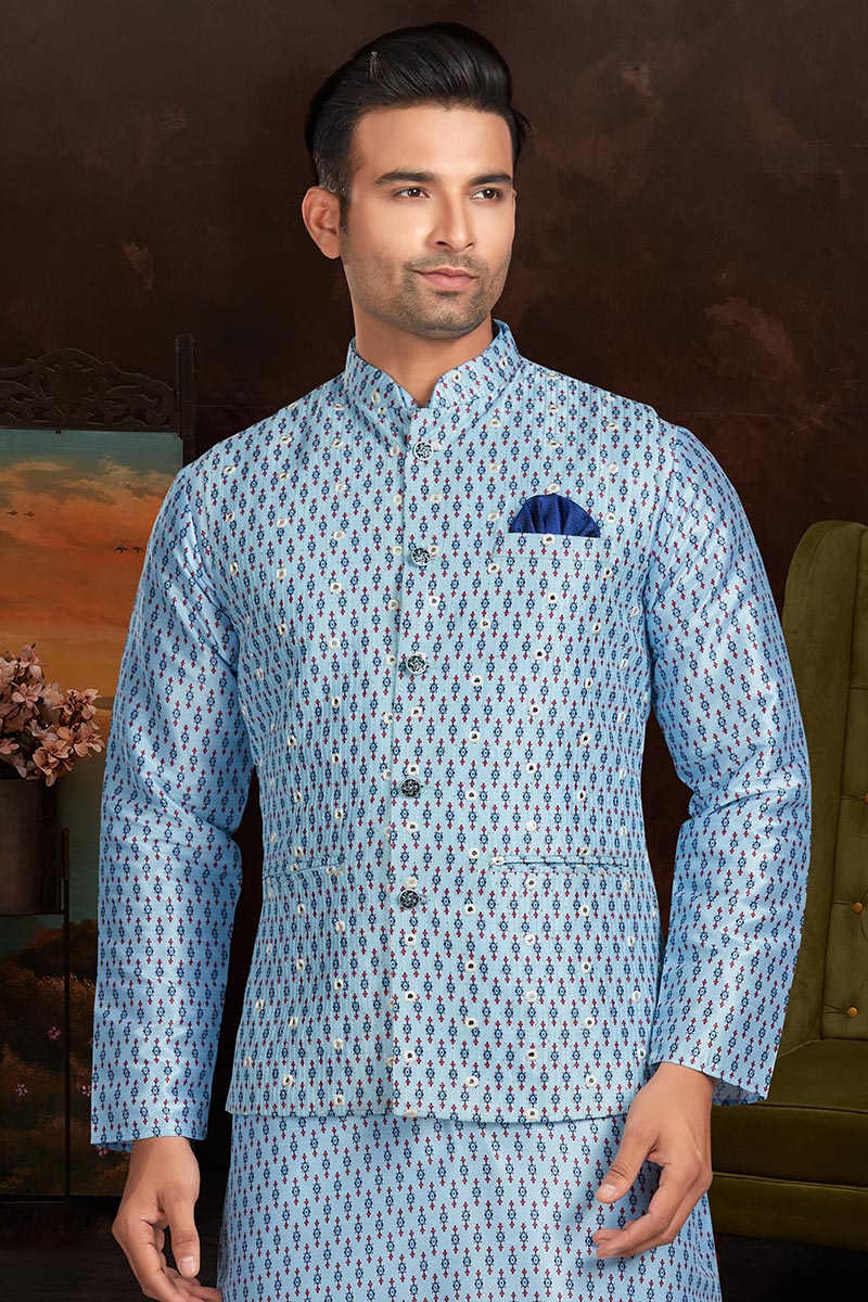 Silk Printed Light Blue Traditional Men's Waist Coat MWCV0247