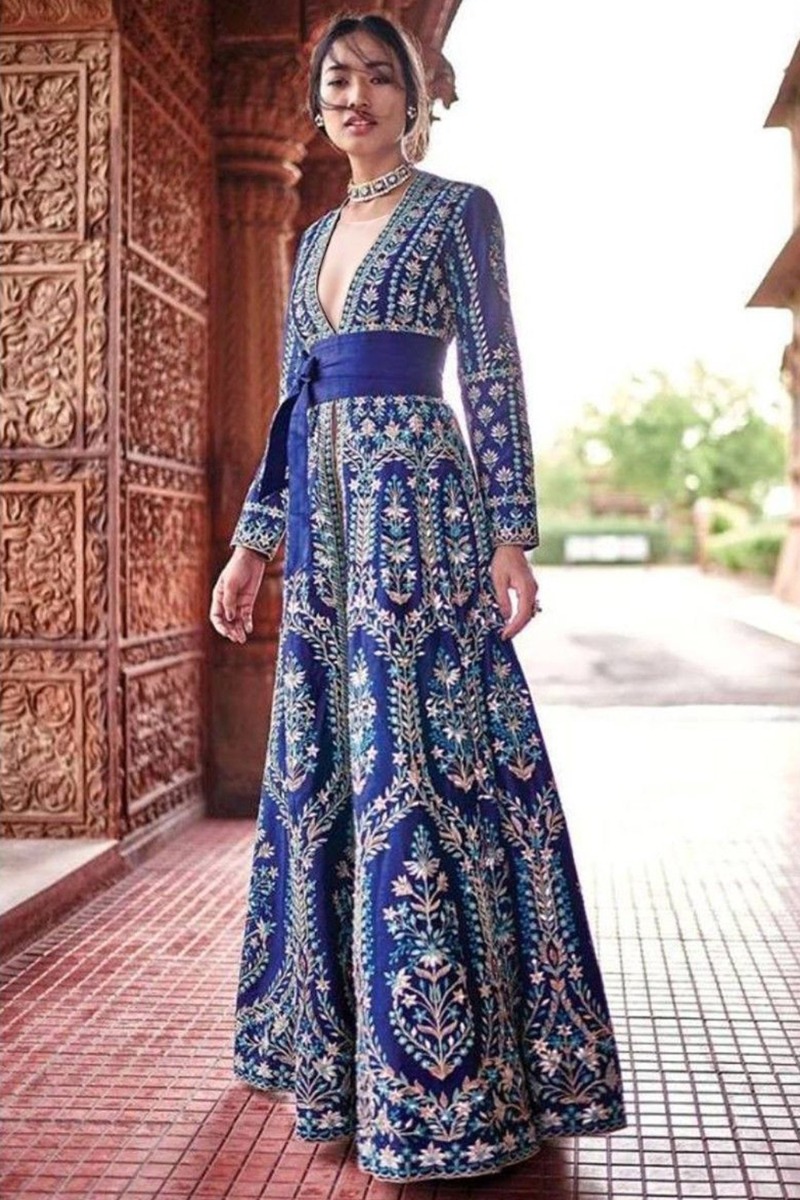 Silk Royal Blue Zari Embroidered Indo-Western Gown LSTV132689
