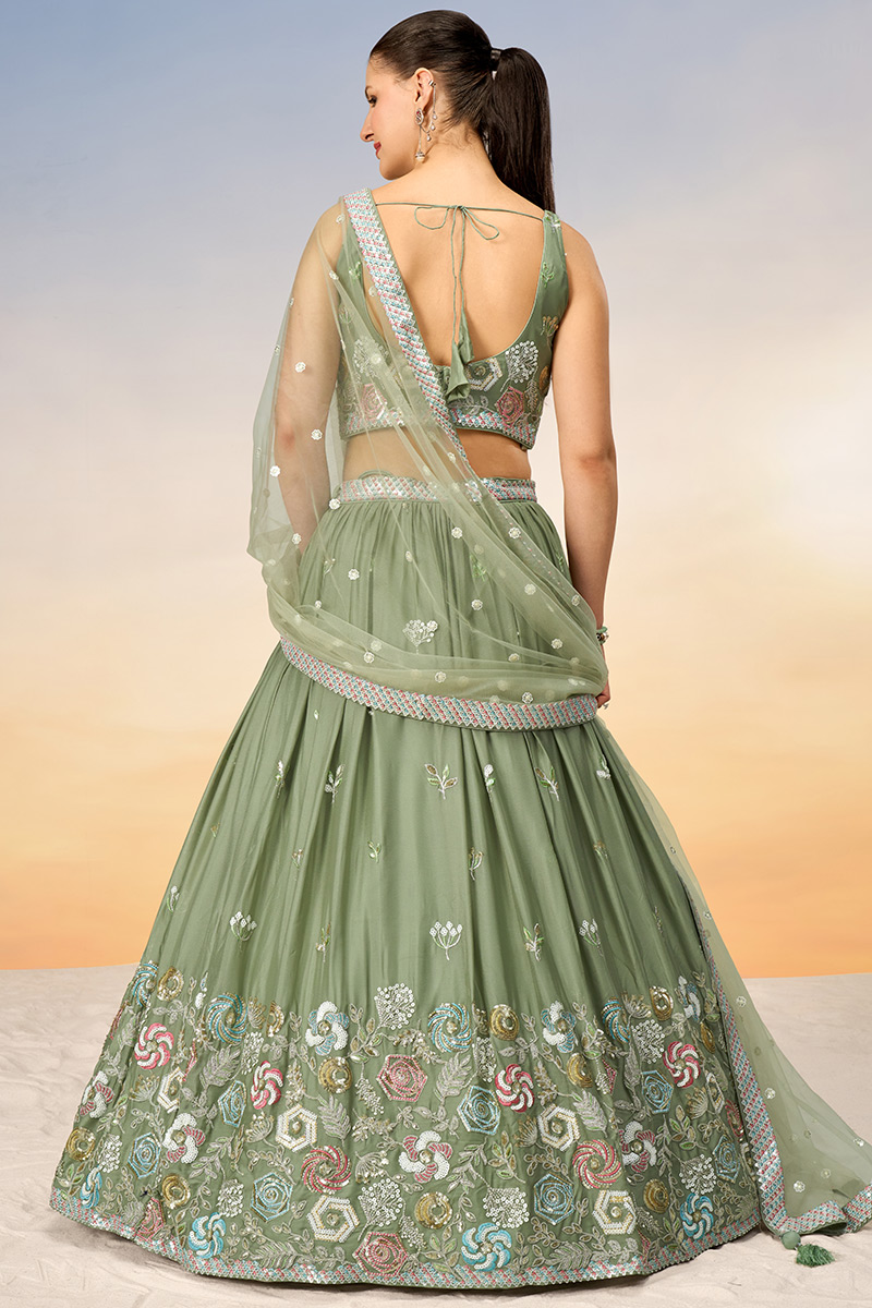 Silk Sequins Embroidered Sage Green Flared Style Lehenga LLCV118852