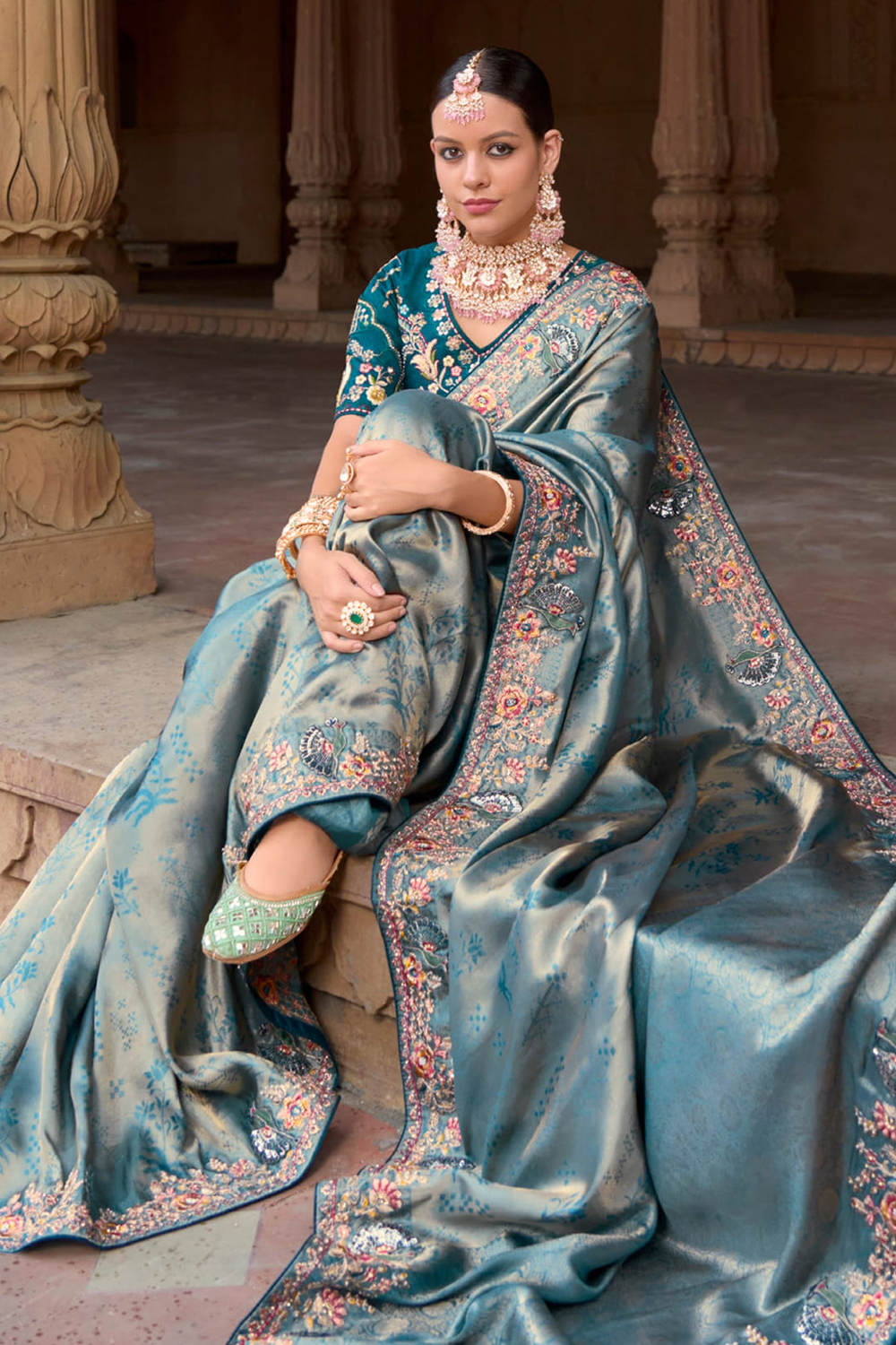 Silk Teal Blue Woven Zari Light Weight Saree SARV184374