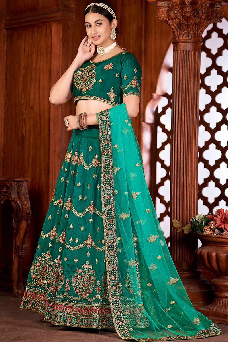 Silk Teal Green Zari embroidered Panelled Style Lehenga LLCV115545