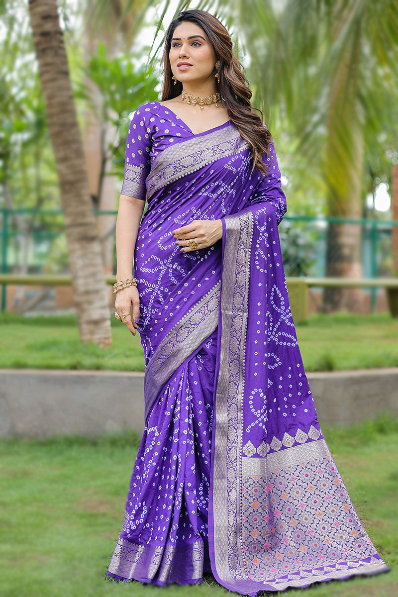 Silk Violet Purple Weaved Bandhej Saree