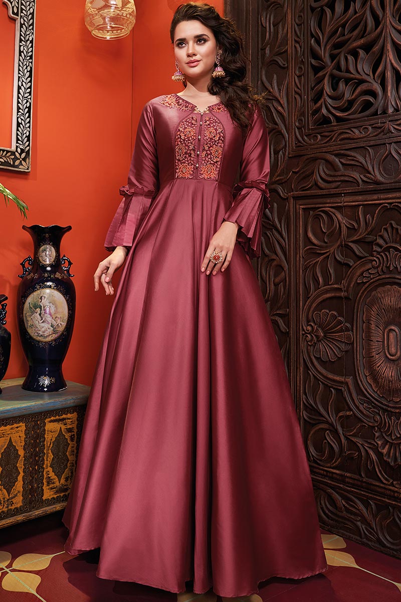 Silk Wedding Anarkali Gown In Dark Dusty Pink Colour