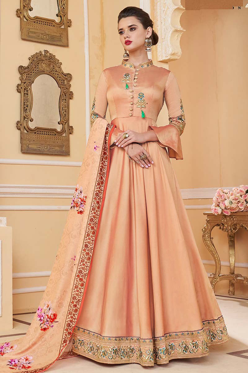 Silk Wedding Anarkali Suit In Peach Colour