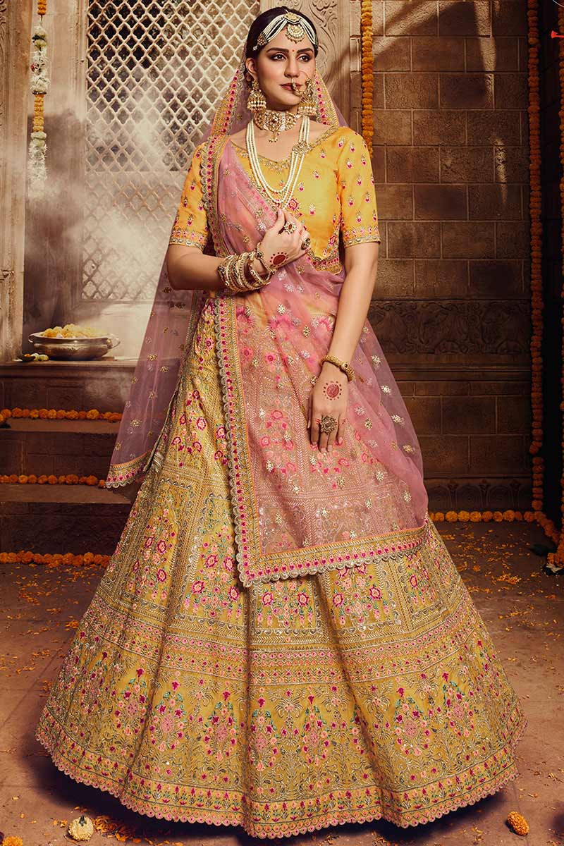 Buy Eid Special Silk Wedding Wear Lehenga Choli In Yellow Color Online LLCV01838 Andaaz Fashion