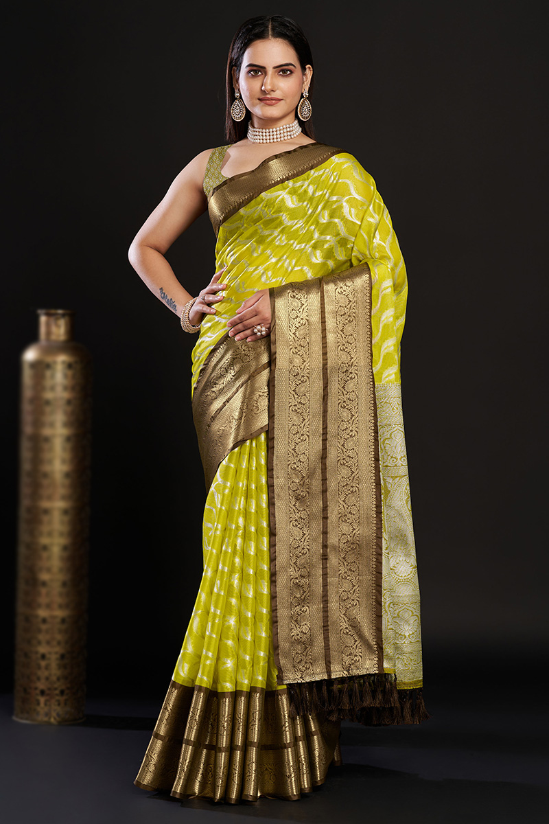 Designer Bollywood sarees-Blended Silk Saree with Zardozi embroidery border (Yellow) with Contrast outlet Blouse by KrishnA TannA ethnics