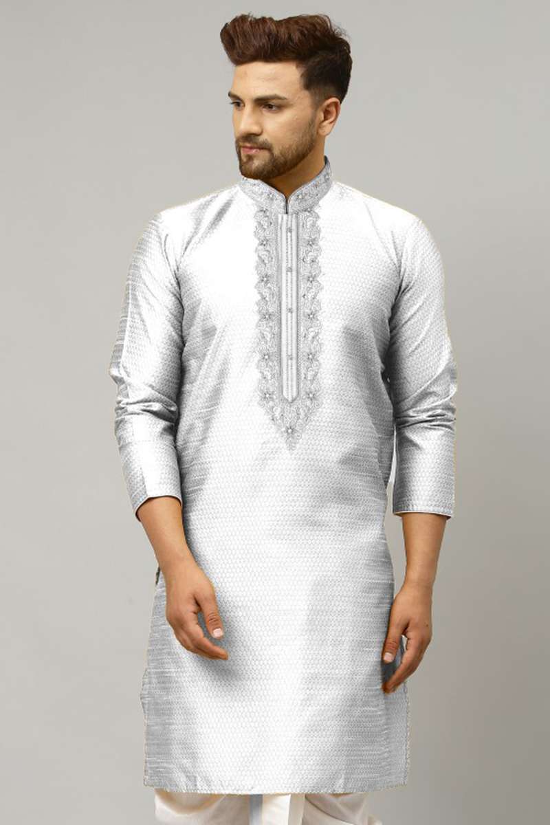 Silver Dupion Silk Embroidered Men Kurta