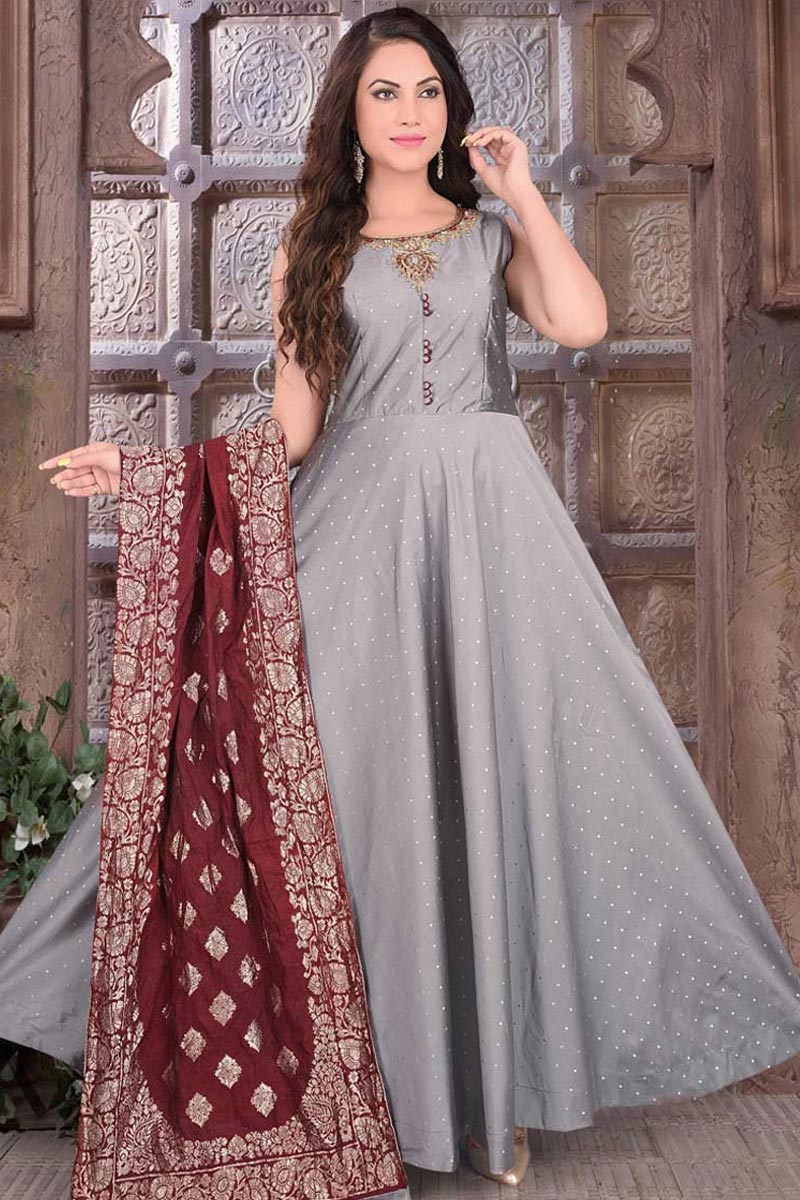 Buy Indian Outfit Poly Silk Silver Grey Anarkali Suit LSTV111500