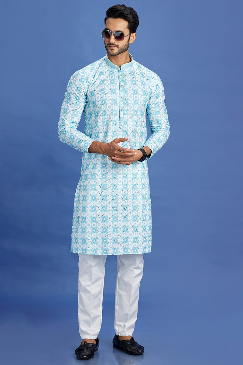 Sky Blue Cotton Printed Men s Kurta Pajama For Sangeet MKPA06781