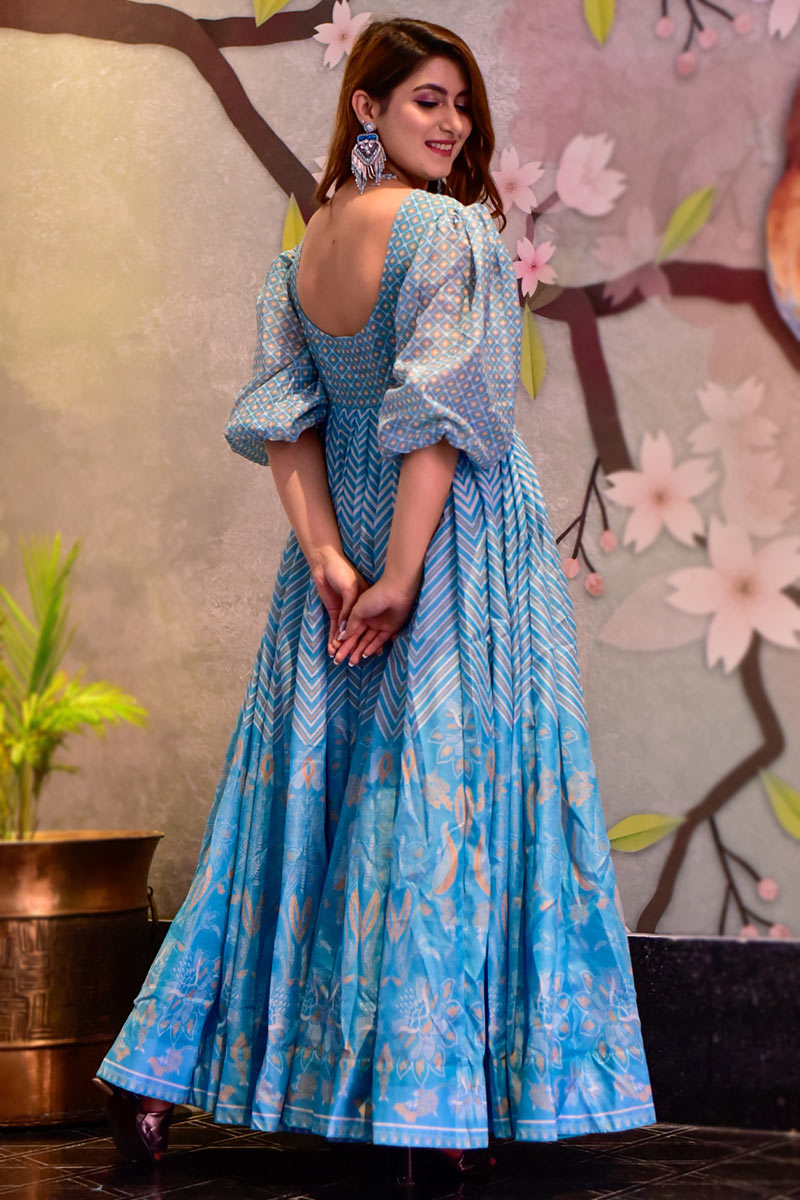 Blue Rayon Belted Gown