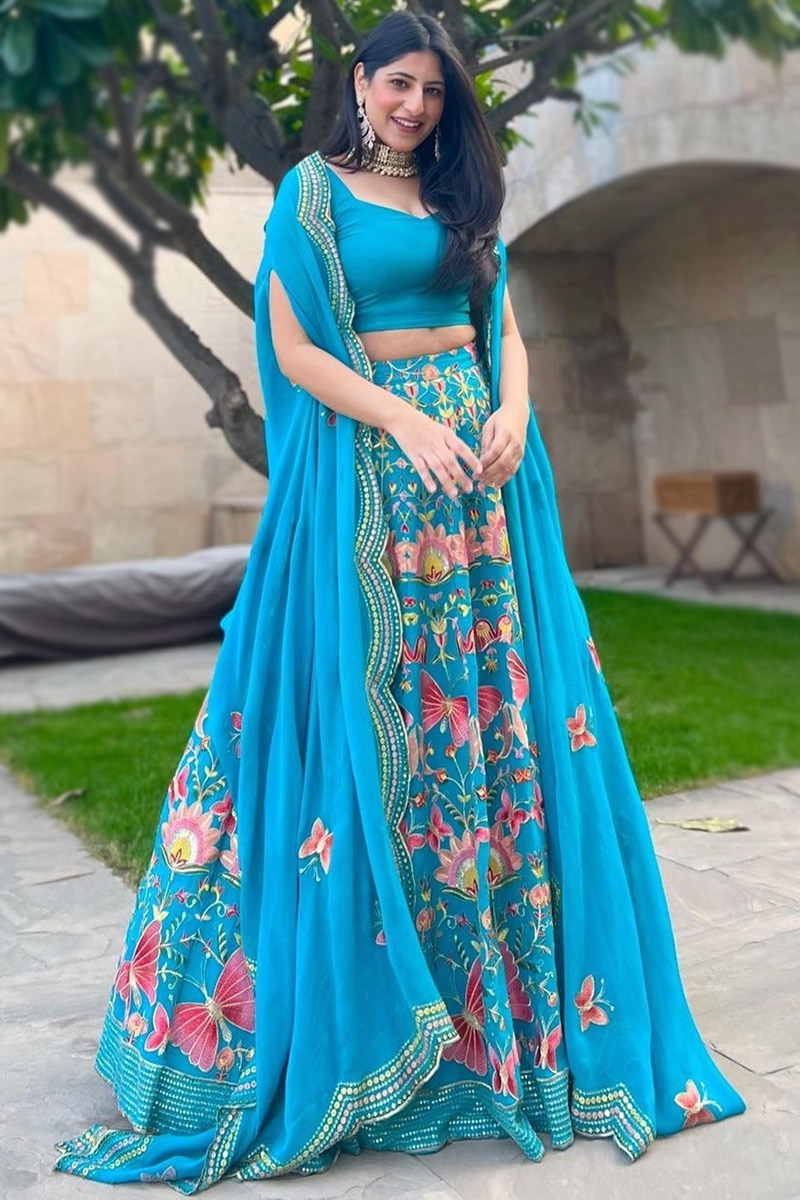Clothes Shops Online Lehenga in Sky Blue Resham Embroidered