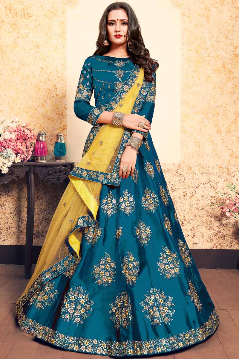 Buy Sky Blue Satin Lehenga With Satin Choli Online - LLCV00433 | Andaaz ...