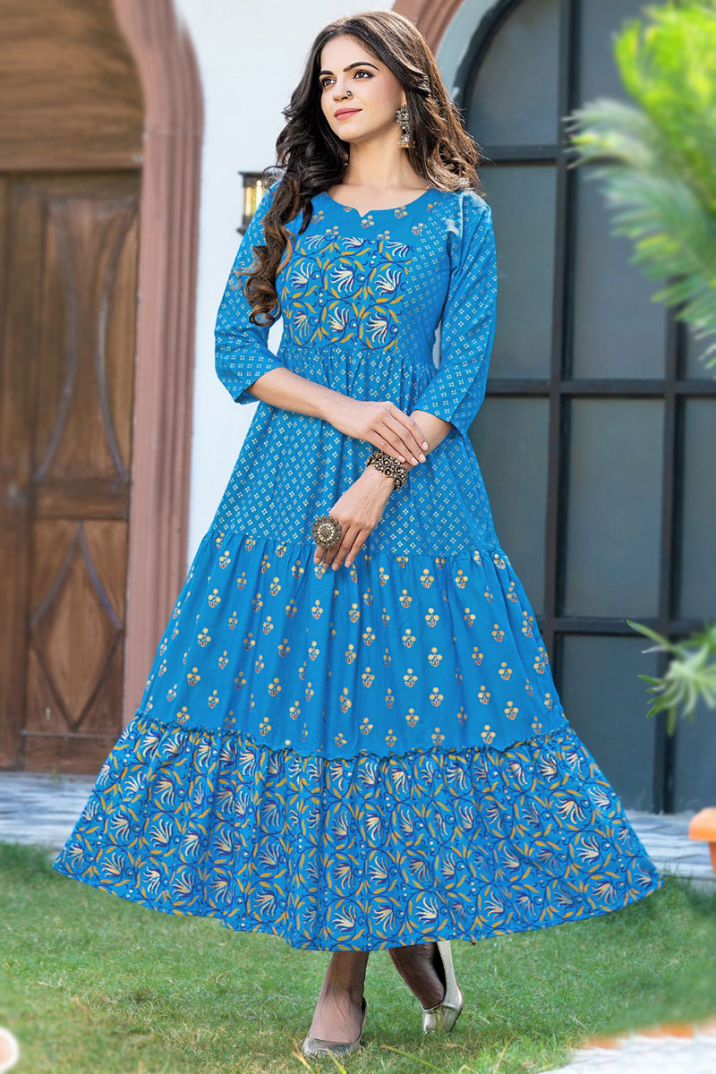 Urban Fashion Sky Blue Rayon Anarkali Printed Kurti LKV002170