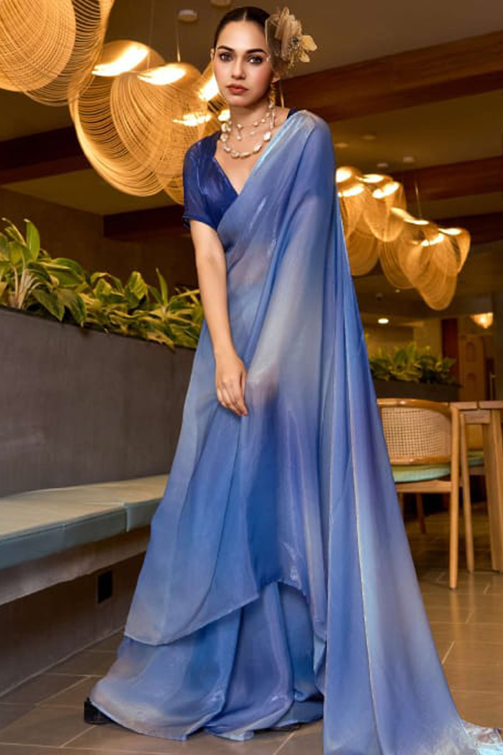 Sky Blue Satin Saree with Printed Work for Diwali Festival