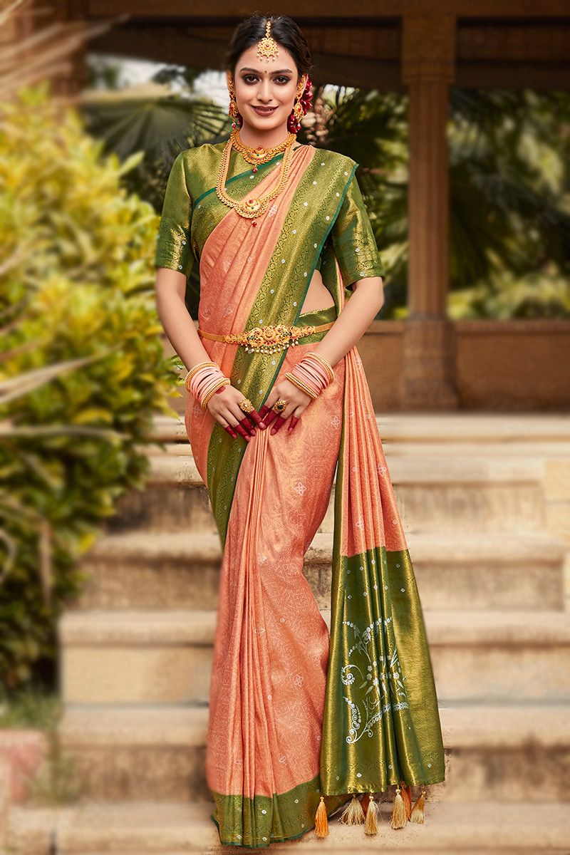 South Indian Coral Peach Kanchipuram Silk Bridal Wear Saree SARV160350