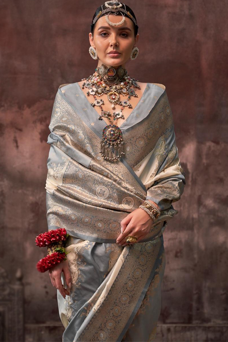 Steel Grey And Silver Weaved Zari Broad Border Silk Saree