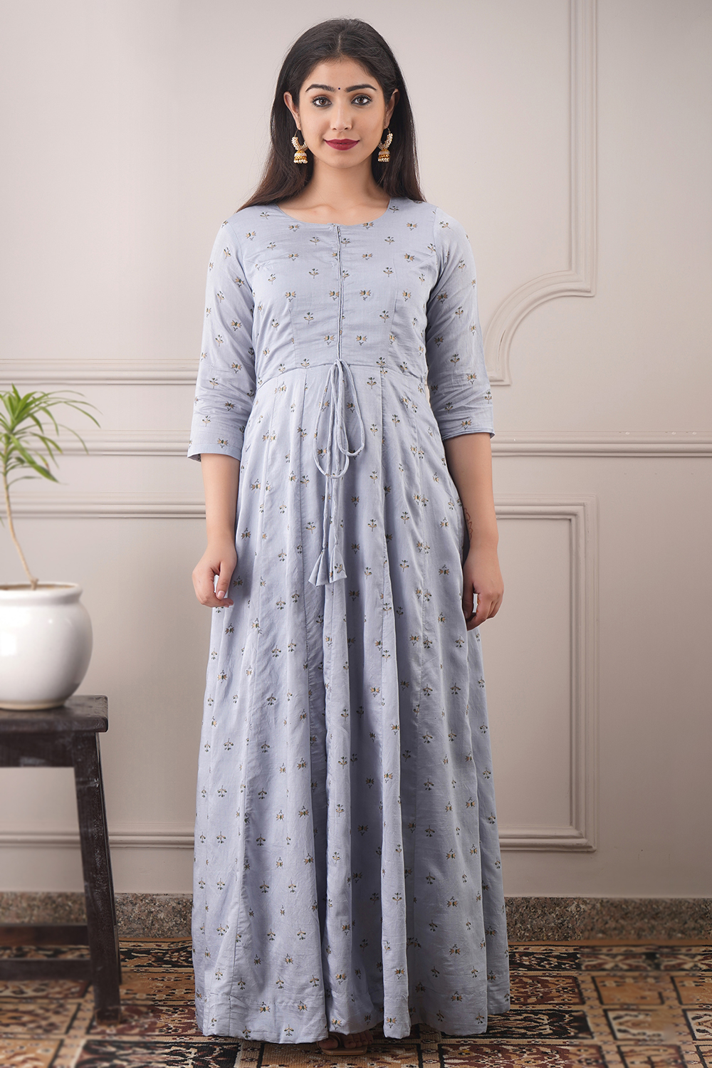 Steel Grey Foil Print Cotton Casual Wear Gown