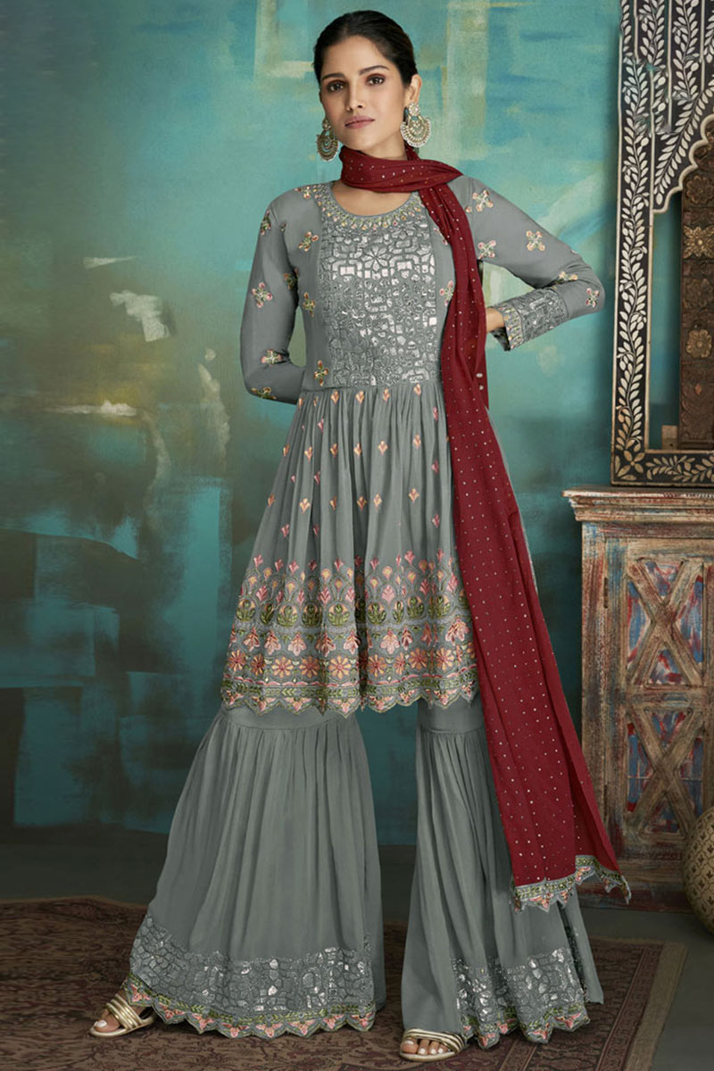 Patterned Steel Grey Sharara Suit with Resham Work LSTV116272