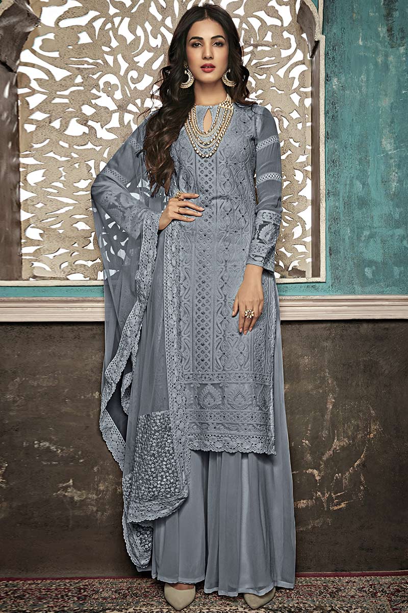 Steel Grey Georgette Indian Palazzo Pant Suit