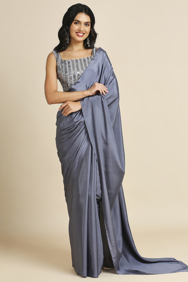 Steel Grey Light Weight Silk Plain Saree