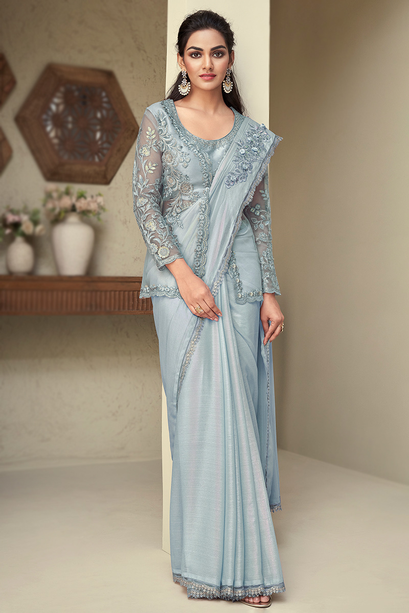 Steel Grey Silk Embroidered Jacket Style Shimmer Saree SARV179063