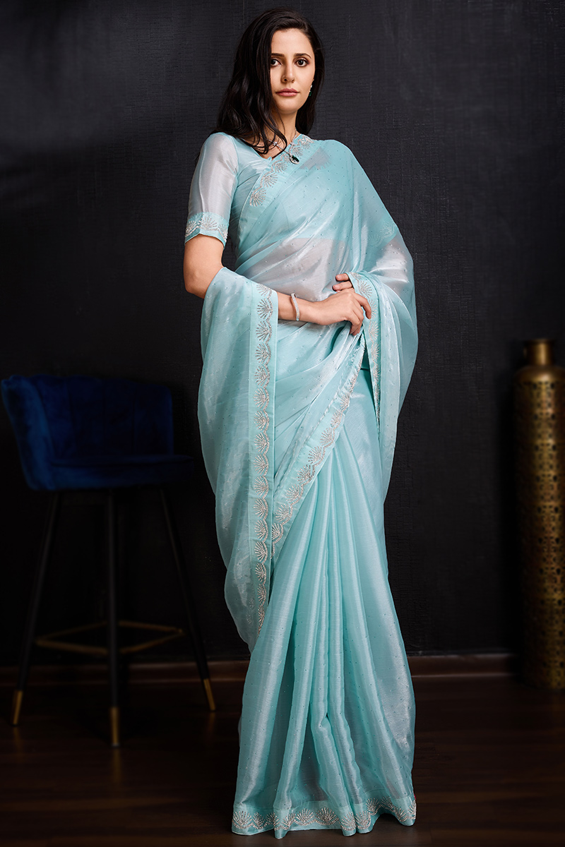 Stone Embellished Sky Blue Silk Light Weight Saree SARV179408
