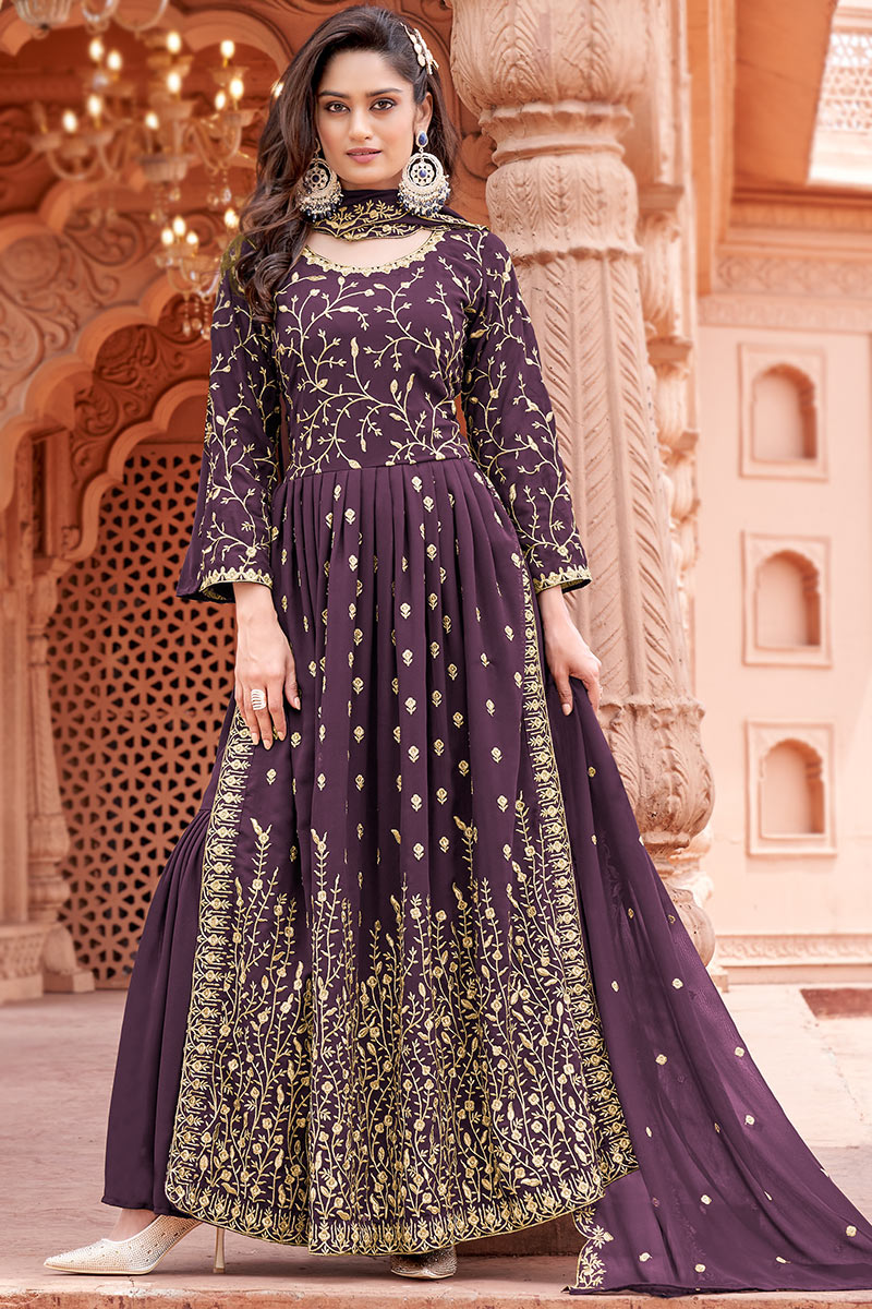 Purple Anarkalis For Engagement Stone Embroidered Georgette Plum Purple Anarkali  Suit