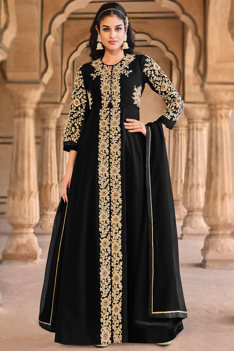 Stone Work Embroidered Georgette Dark Black Anarkali Suit