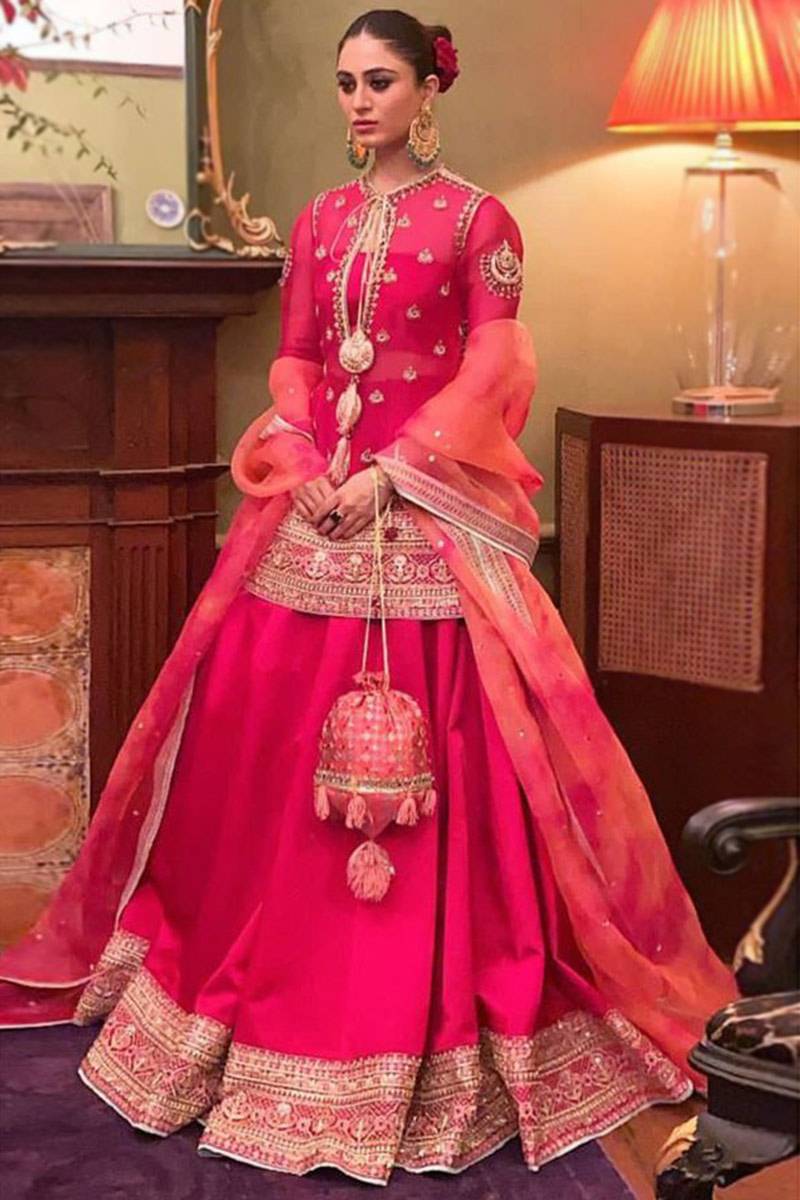 hot pink pakistani wedding dress Andaaz Fashion Women's Stone Work Embroidered Satin Lehenga Taupe bias cut satin gown